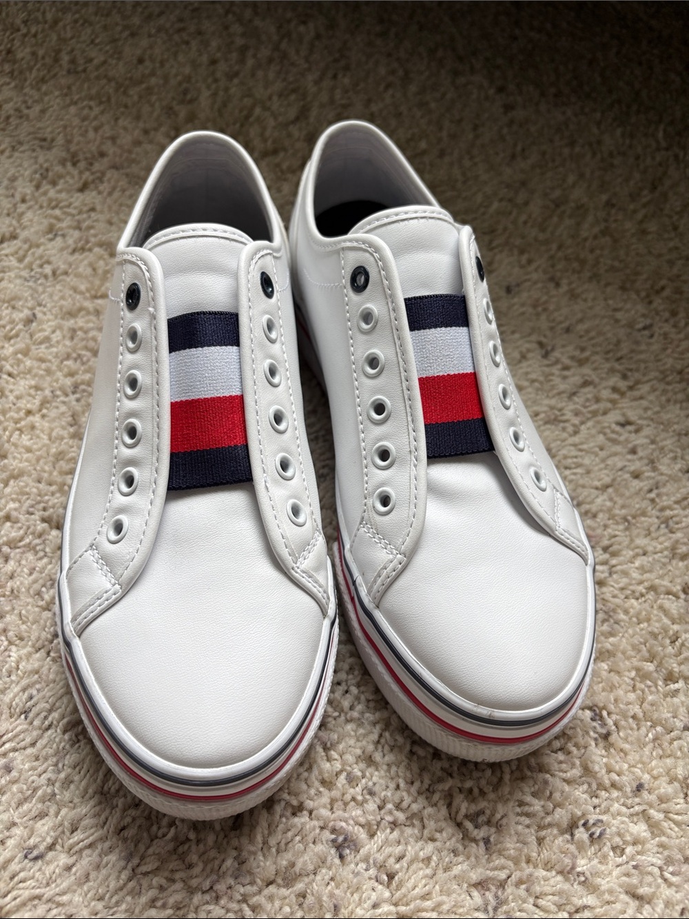 Tommy Hilfiger White Slip-On Sneakers with Red & Navy Stripes